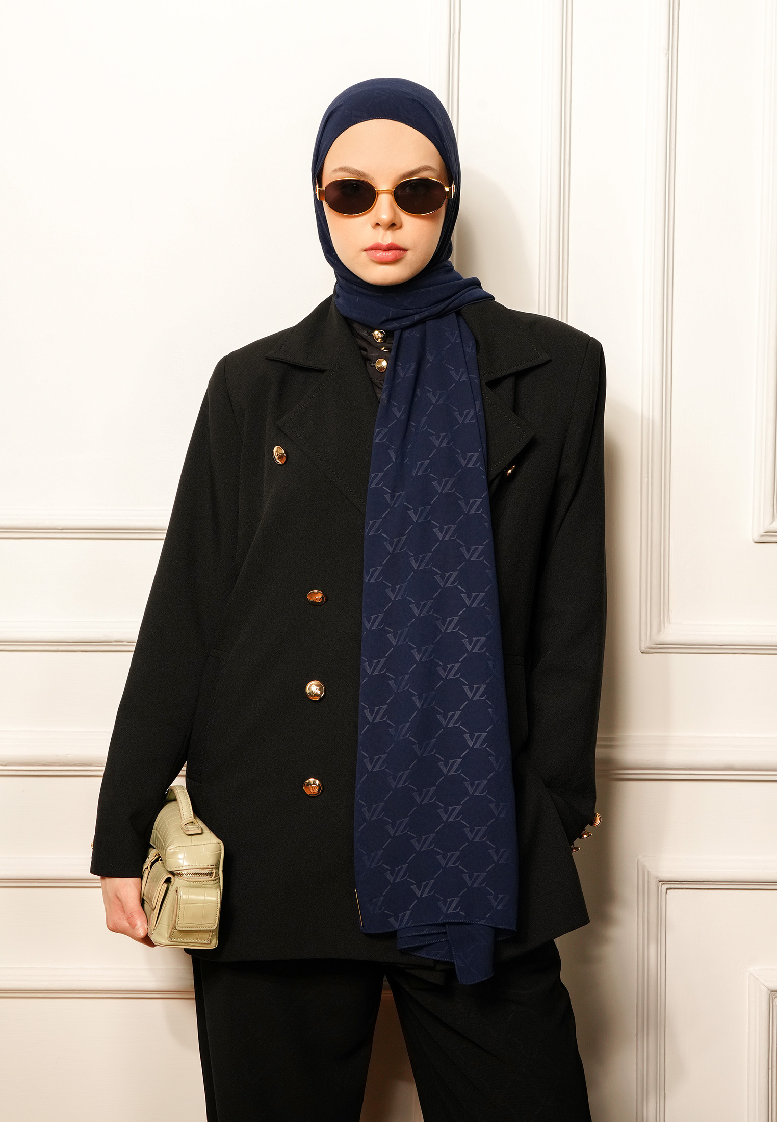 VZ Signature Embossed Pashmina - Navy