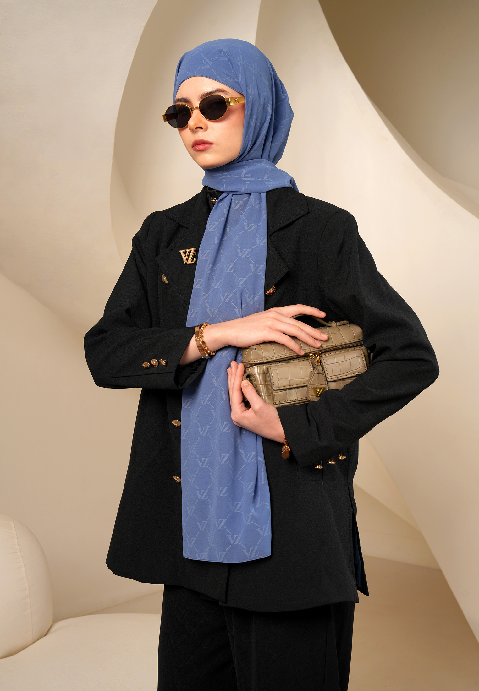 VZ Signature Embossed Pashmina - Stone Blue - Image 4
