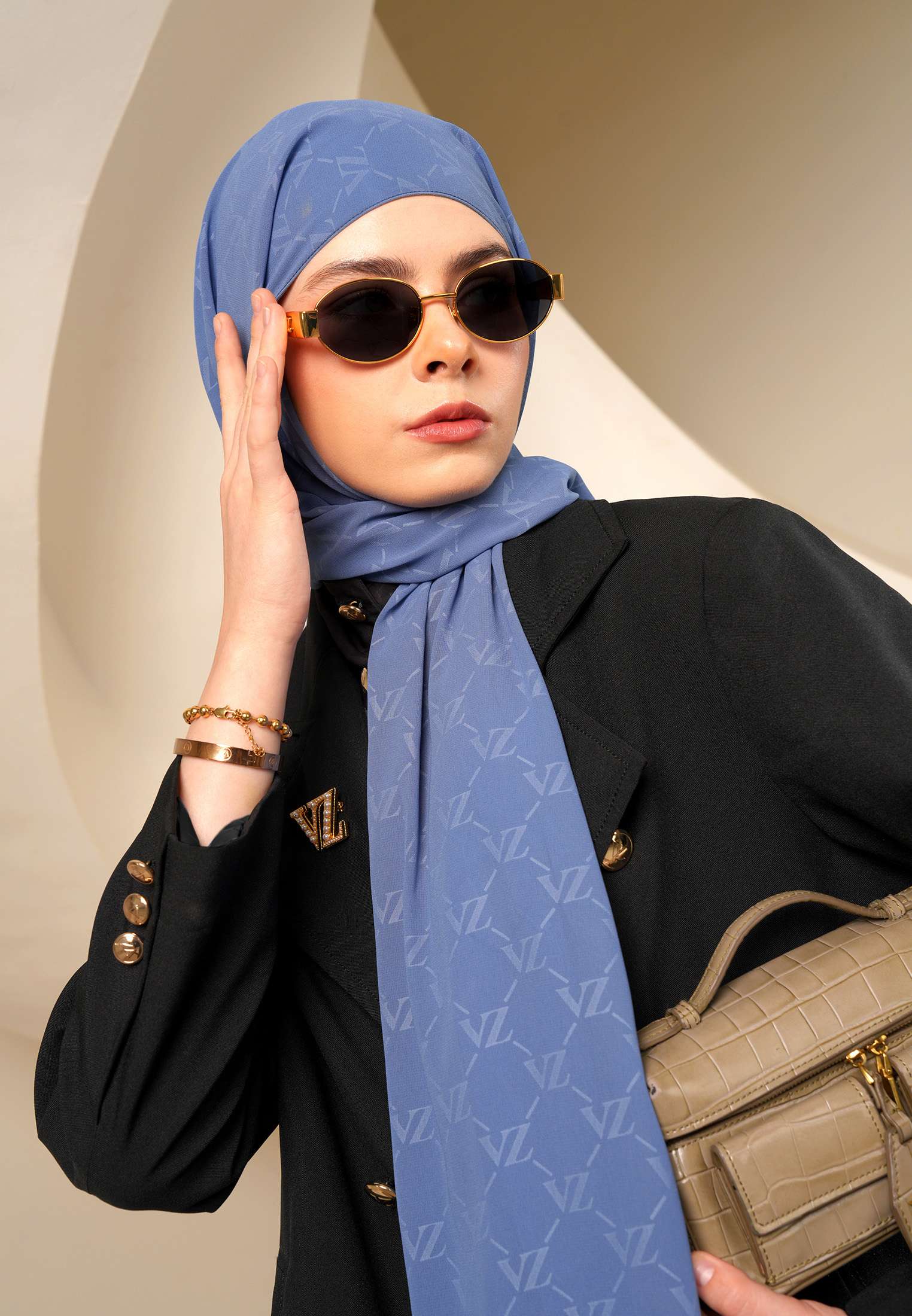 VZ Signature Embossed Pashmina - Stone Blue